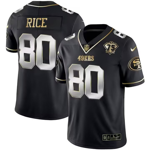 Men's San Francisco 49ers #80 Jerry Rice Black Gold Edition With 75th Anniversary Patch Stitched Jersey Men's San Francisco 49ers #80 Jerry Rice Black Gold Edition With 75th Anniversary Patch Stitched Jersey